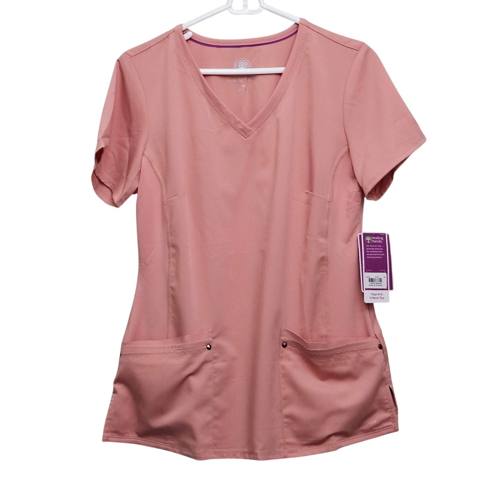 Healing Hands Scrub Top Women M Pink Purple Label Yoga Knit V-Neck Medical Nurse